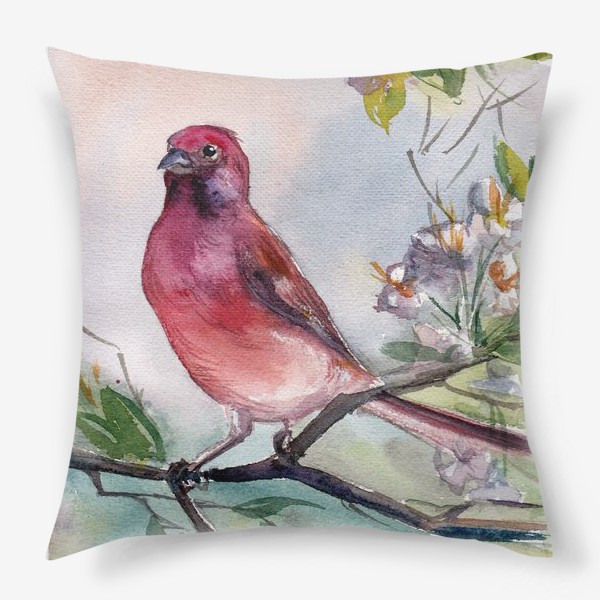 Подушка &laquo;Красно-розовая птичка на ветке с цветами&raquo;