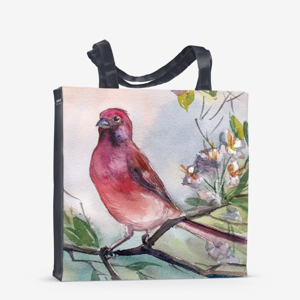 Сумка-шоппер &laquo;Красно-розовая птичка на ветке с цветами&raquo;