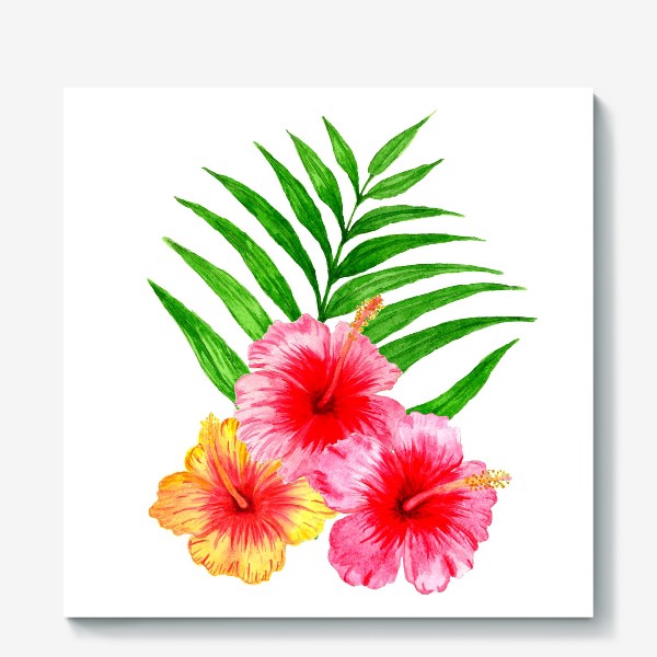 Холст «Цветы гибискуса и пальмовый лист»