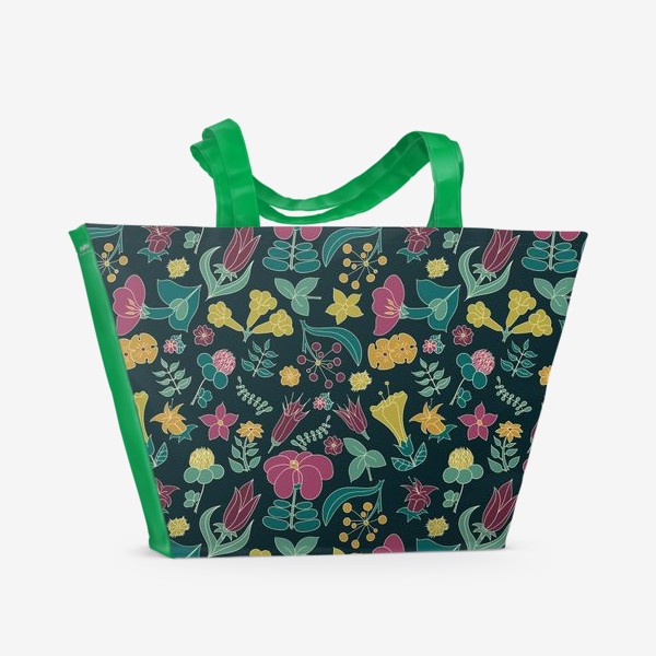 Пляжная сумка «Тропические цветы на черном фоне»