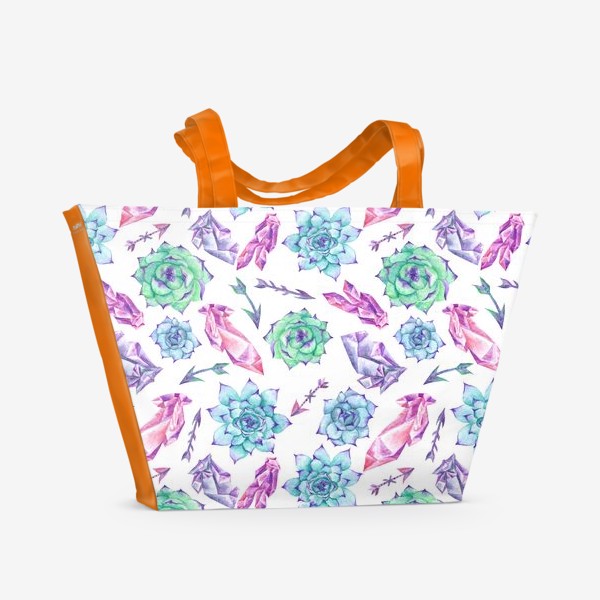 Пляжная сумка «Акварельный паттерн с суккулентами, кристаллами и стрелками»