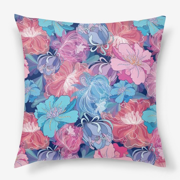 Подушка «Свежий летний паттерн с голубыми и розовыми цветами»