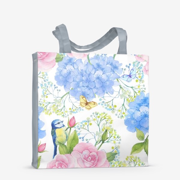 Сумка-шоппер «цветы и синичка»