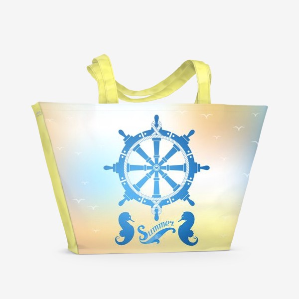 Пляжная сумка «Знак штурвала, морские коньки, яркий фон»