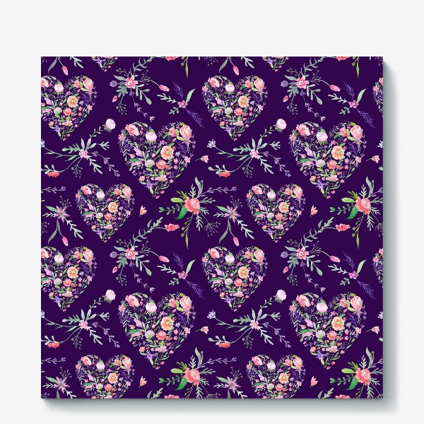 Холст «Винтажный паттерн с цветочными сердцами на фиолетовом фоне»