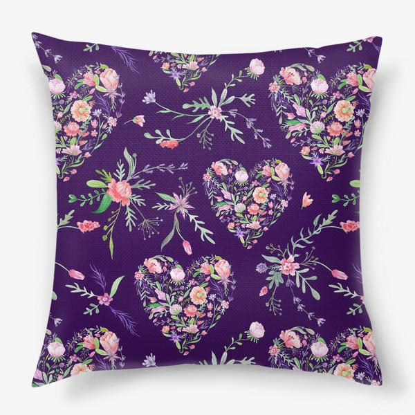 Подушка «Винтажный паттерн с цветочными сердцами на фиолетовом фоне»