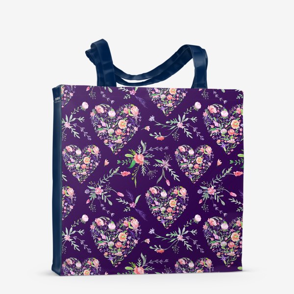 Сумка-шоппер &laquo;Винтажный паттерн с цветочными сердцами на фиолетовом фоне&raquo;