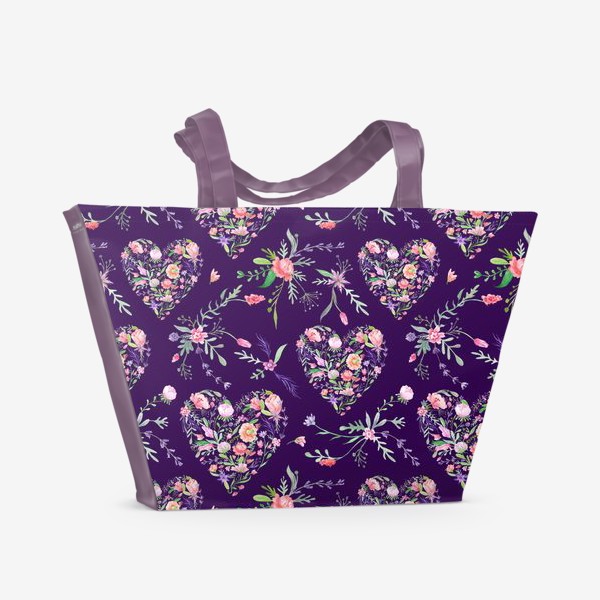 Пляжная сумка &laquo;Винтажный паттерн с цветочными сердцами на фиолетовом фоне&raquo;