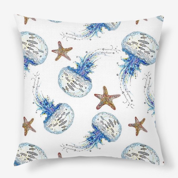 Подушка «Морской акварельный паттерн с медузами и звездами»