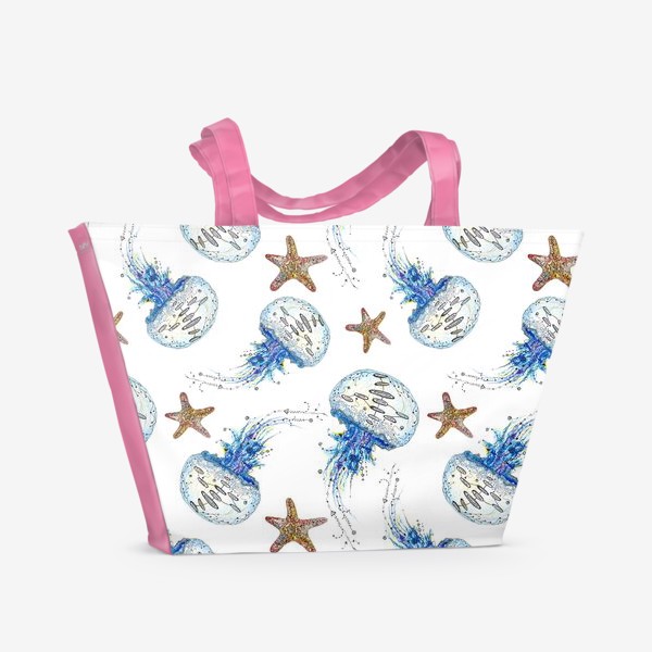Пляжная сумка &laquo;Морской акварельный паттерн с медузами и звездами&raquo;
