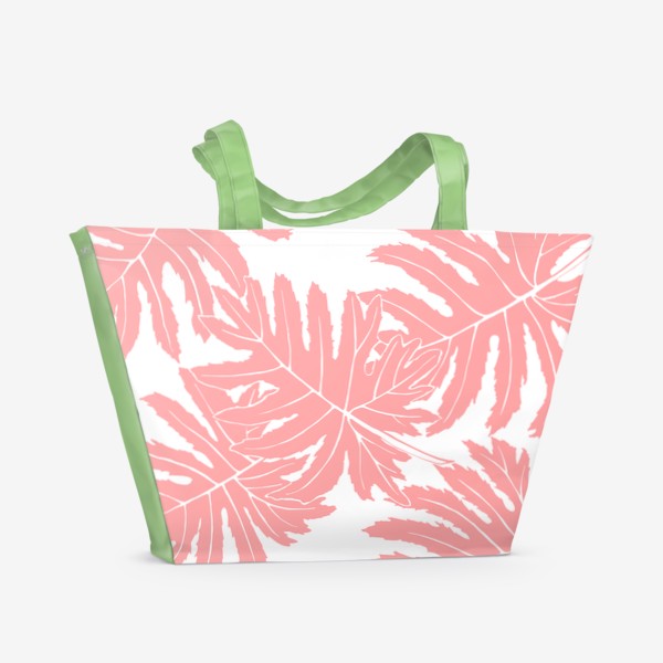 Пляжная сумка «Филодендрон двоякоперистый, листья, паттерн (розовый)»