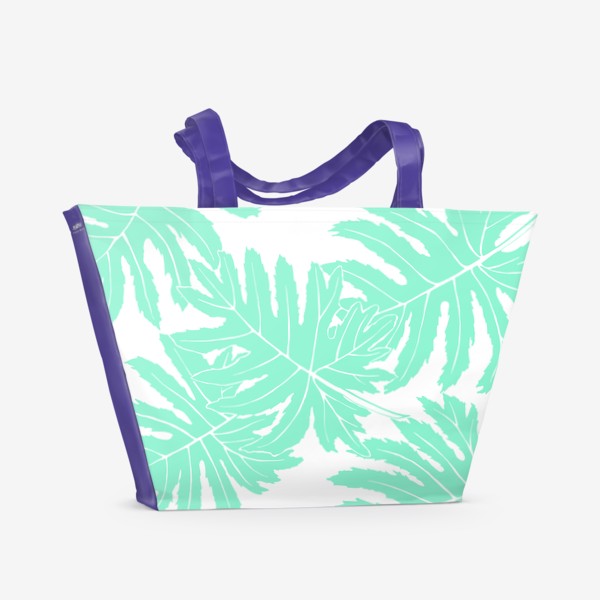 Пляжная сумка «Филодендрон двоякоперистый, листья, паттерн (мятный)»