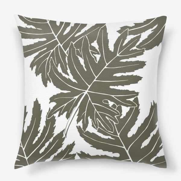Подушка «Филодендрон двоякоперистый, листья, паттерн (серый)»