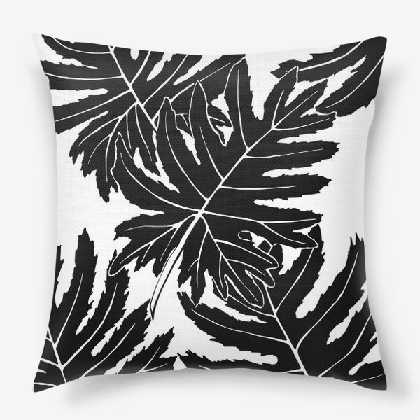 Подушка «Филодендрон двоякоперистый, листья, паттерн (черный)»