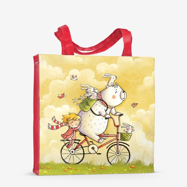 Сумка-шоппер «Мишка и девочка на велосипеде.»
