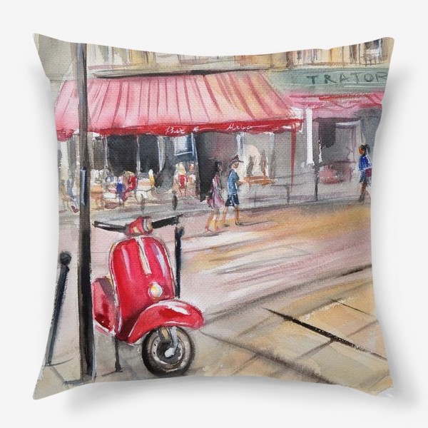 Подушка «Красный мопед на улице Парижа»