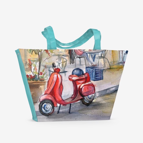 Пляжная сумка « красный мопед у кафе»