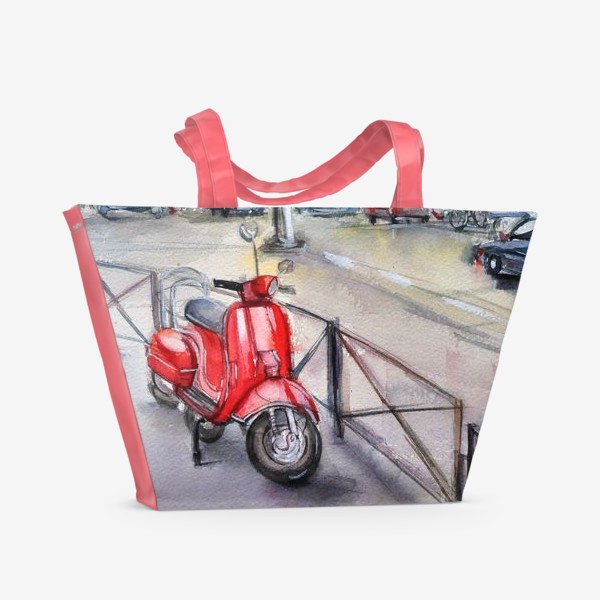 Пляжная сумка «Красный мопед на улице»