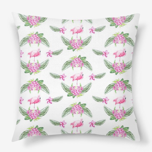 Подушка «Узор с пальмами и розовым фламинго»