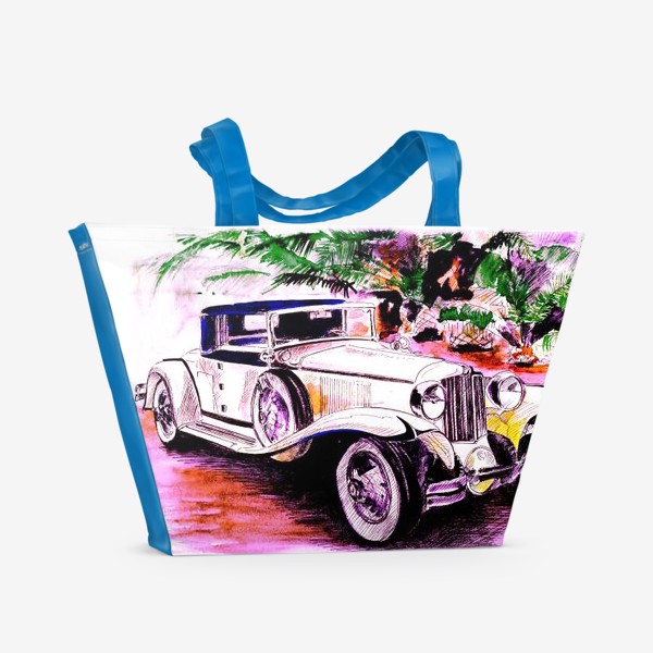 Пляжная сумка «Ретро автомобиль на розовом фоне»