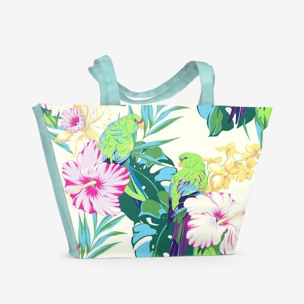Пляжная сумка &laquo;Попугаи в тропических цветах светлые&raquo;