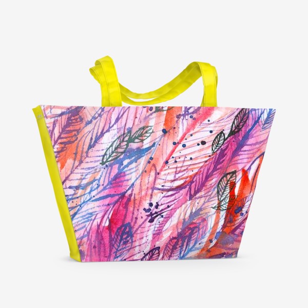 Пляжная сумка «розовые и фиолетовые перья, листья, абстрактный акварельный фон»