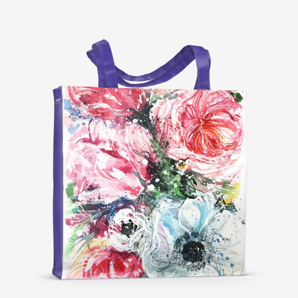 Сумка-шоппер «букет из розовых тюльпанов с голубым маком, акварель»