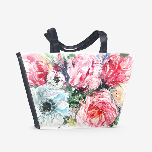 Пляжная сумка &laquo;букет из розовых тюльпанов с голубым маком, акварель&raquo;