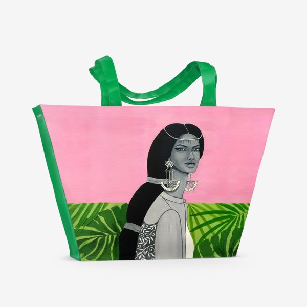 Пляжная сумка «Девушка с цветком на фоне растений»