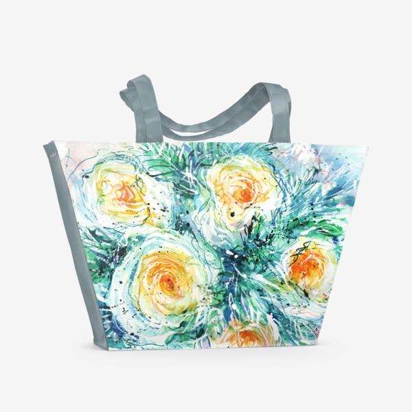 Пляжная сумка «букет желто-белых роз крупным планом, акварель»