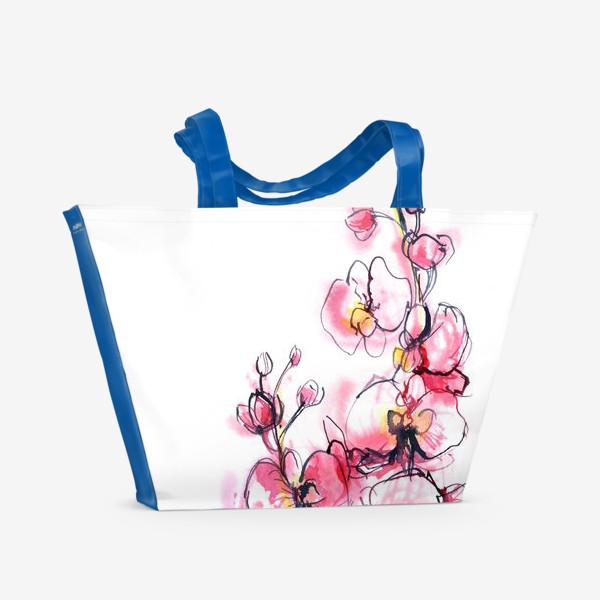 Пляжная сумка «розовые орхидеи на белом фоне, акварельная живопись»