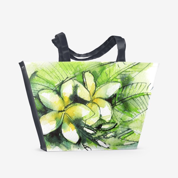 Пляжная сумка &laquo;желто-белая плюмерия, франджипани, экзотические цветы, акварельная живопись&raquo;
