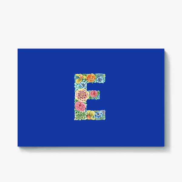 Холст «Цветочный алфавит. Буква E на синем фоне»