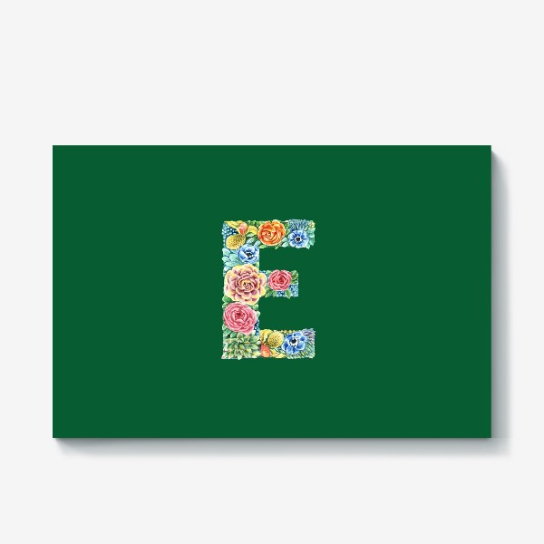 Холст «Цветочный алфавит. Буква E на зеленом фоне»