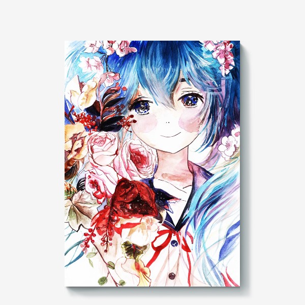 Холст «аниме, девочка с цветами»