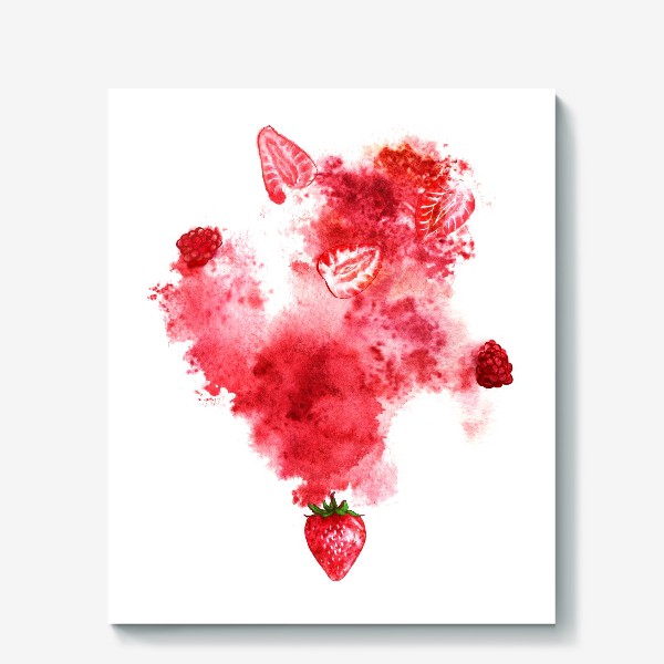 Холст «Juicy berries and red splash on white background. Hand-painted watercolor illustration»
