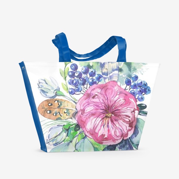 Пляжная сумка «Букет с розой и перышками»