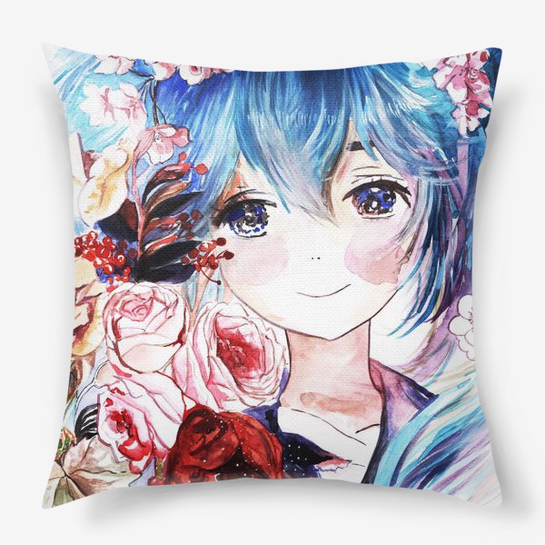 Подушка «аниме, девочка с цветами»