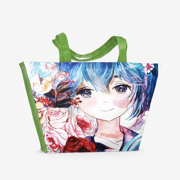 Пляжная сумка «аниме, девочка с цветами»