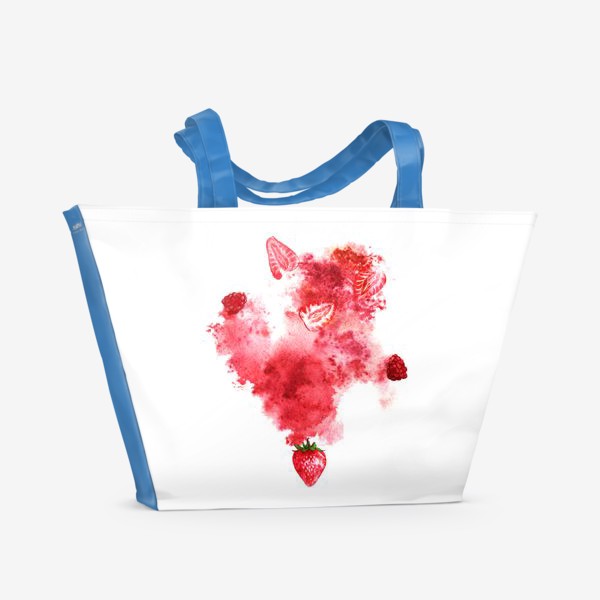 Пляжная сумка «Juicy berries and red splash on white background. Hand-painted watercolor illustration»