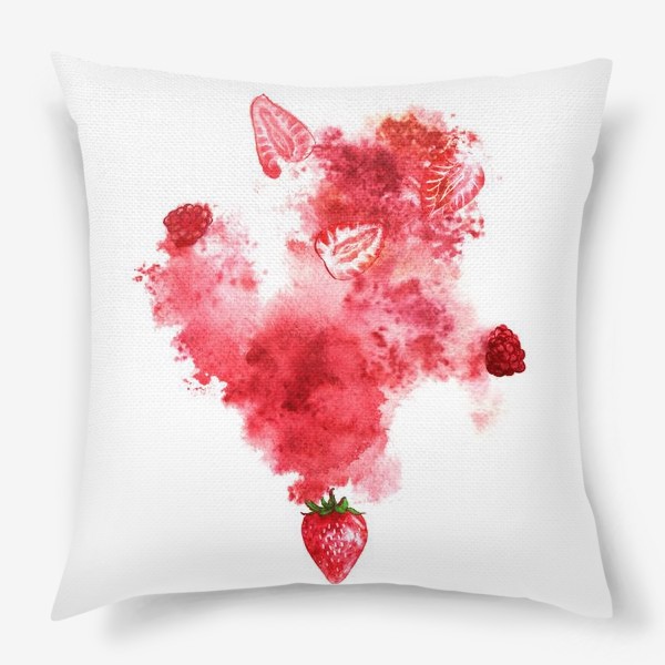 Подушка «Juicy berries and red splash on white background. Hand-painted watercolor illustration»