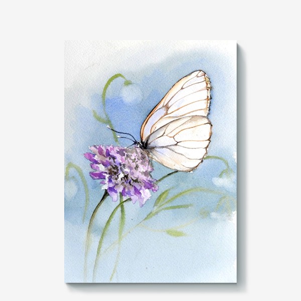 Холст «Акварель Бабочка и фиолетовый цветок»