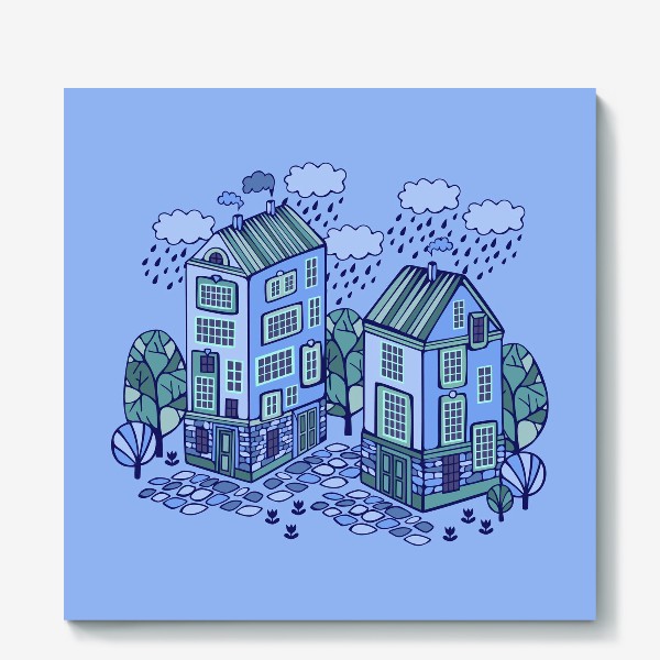Холст «Милые домики на голубом фоне»