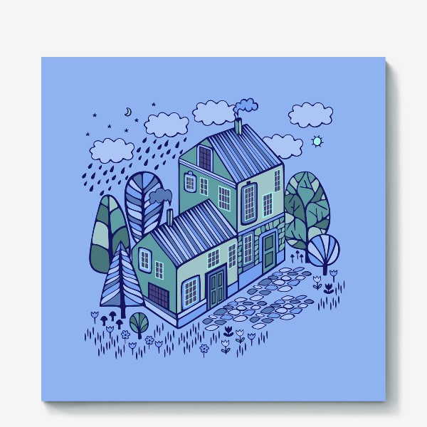 Холст «Милый домик на голубом фоне»
