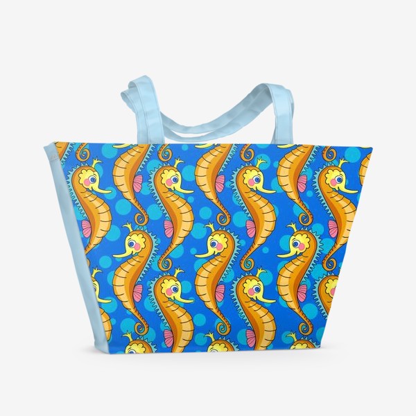 Пляжная сумка «Сказочные морские коньки на голубом фоне с пузырьками.»