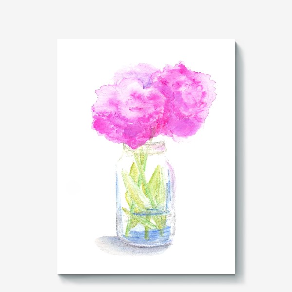 Холст «Пионы в банке. Букет розовых цветов, летний акварельный абстрактный принт на белом фоне»