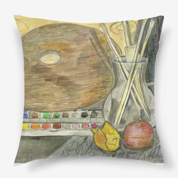 Подушка «Натюрморт с палитрой, красками и кистями»