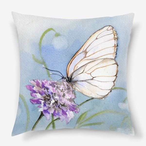 Подушка «Акварель Бабочка и фиолетовый цветок»