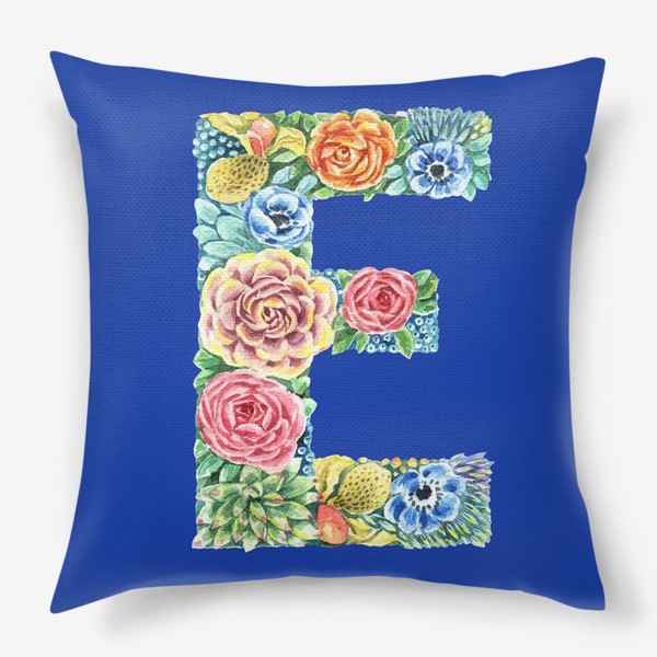 Подушка «Цветочный алфавит. Буква E на синем фоне»