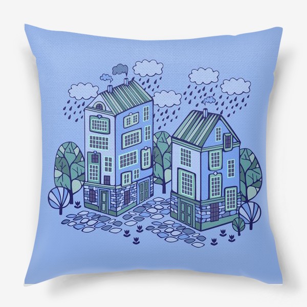 Подушка «Милые домики на голубом фоне»